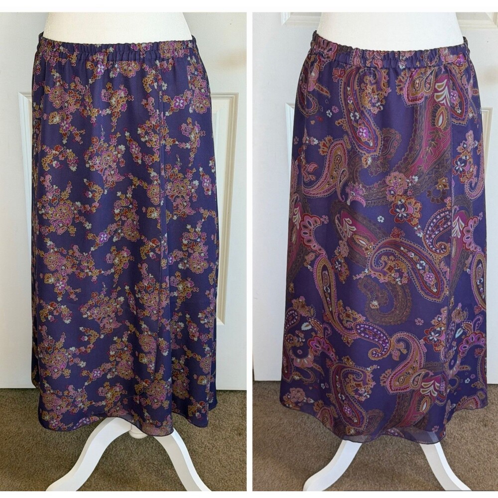 Coldwater Creek Reversible Purple Chiffon Paisley Skirt Flowy Women's PM Petite